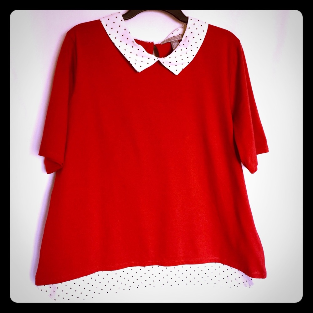 By Design EUC Red w/ Polka Dot Collar n Hem Tee